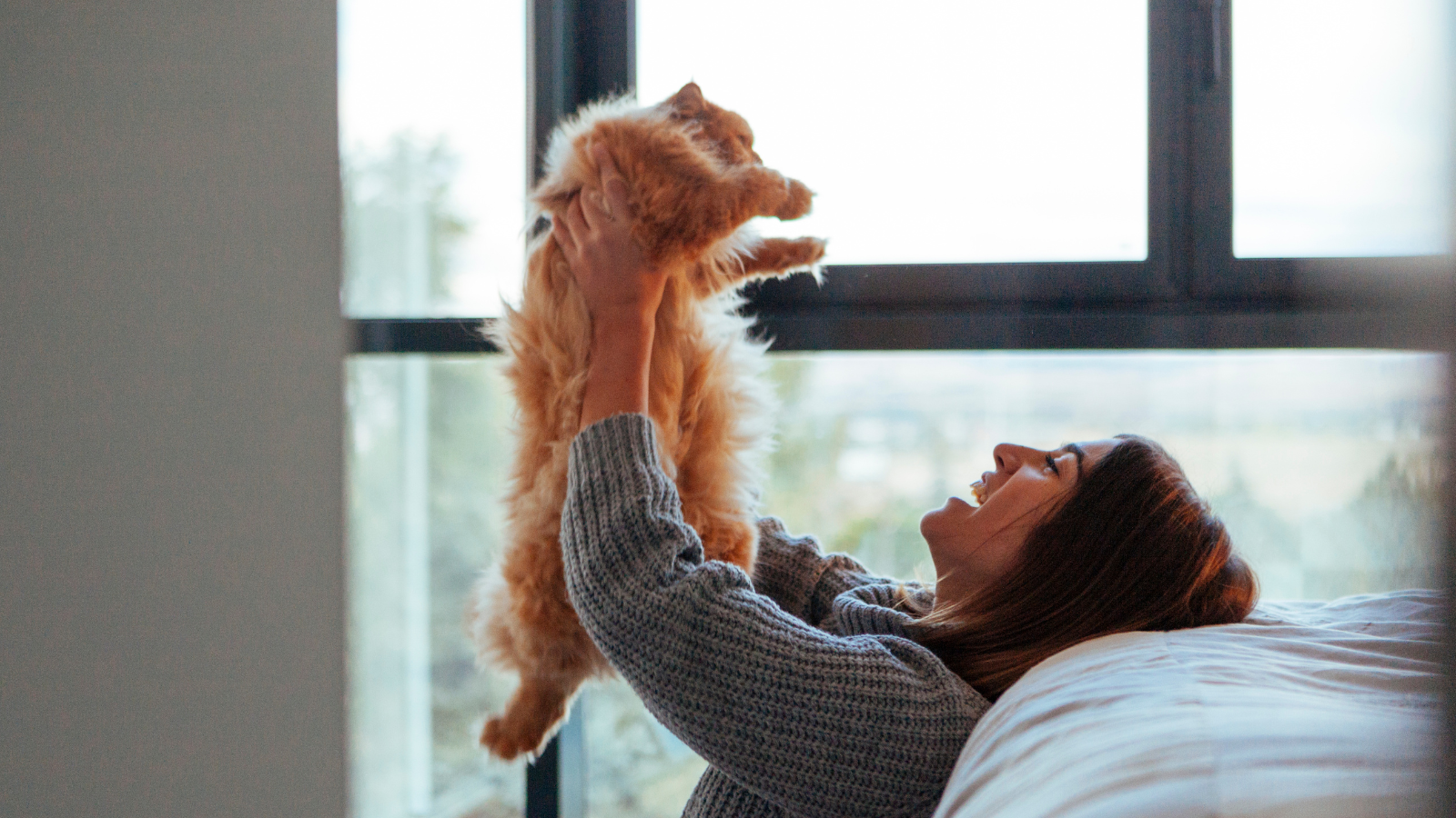Woman joyfully lifting a fluffy ginger cat near a window.