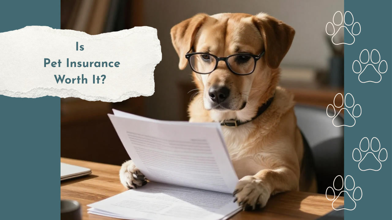 A dog wearing glasses sits at a table reading papers, with the text "Is Pet Insurance Worth It?" displayed.
